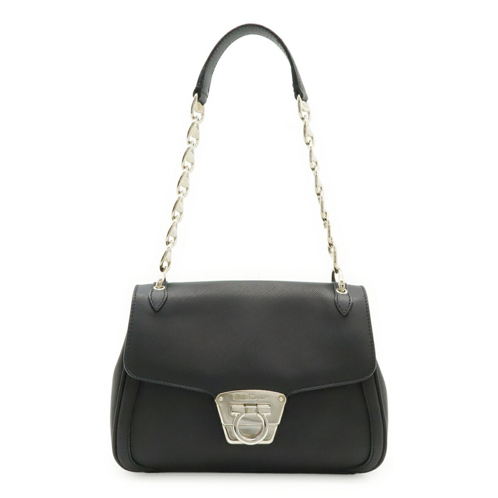 Salvatore Ferragamo Gancini Vara Chain Shoulder Handbag, Leather, Black, BW-8462 - Picture 2 of 10